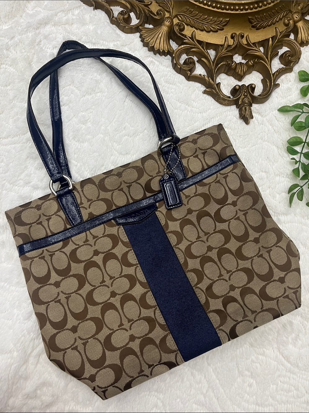 Coach Brown Signature Canvas Tote with Navy Trim